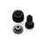 A set of three RC transmission gears, including two black plastic gears and one metallic pinion gear, isolated on a white background.