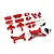 A collection of red anodized aluminium RC car upgrade parts including suspension arms, shock towers, and steering components on a white background.