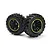 Two BlackZon Spryte RC monster truck wheels with black rubber tyres and black rims featuring a bright green accent ring.