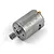 A silver brushed RC motor with an attached metal pinion gear, viewed from an angle against a white background.