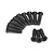 A collection of black countersunk head screws with coarse threads arranged on a white background.