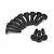 A collection of black pan head screws with coarse threads arranged in a semi-circle and a small group in the foreground.