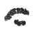 A collection of small black pan head screws with coarse threads arranged on a white background.