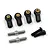 A set of RC steering linkage components including four black plastic rod ends with brass inserts, two threaded steel turnbuckles, and two black screws.