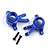 A pair of dark blue anodized aluminium front steering hubs for RC cars, accompanied by two black metal screws, set against a plain white background.