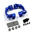 A set of dark blue anodized aluminium C-hubs for RC cars, including metal pins, ball bearings, and small black screws, arranged on a white background.