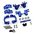 A set of dark blue anodized aluminium RC car suspension parts including steering knuckles, C-hubs, bearings, screws, and pins.