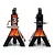 Two black 1/10 scale model jack stands with flame-pattern decals and silver locking pins against a white background.
