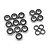 A set of 18 metal ball bearings with black rubber seals arranged on a white background.
