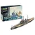 A Revell 1/1200 scale HMS Duke of York battleship model kit box next to an assembled and painted model of the ship.
