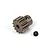 A brass 14-tooth pinion gear for RC cars, shown with a separate black grub screw on a white background.