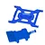 Two blue anodized aluminium GPM Racing RC parts, a rectangular mounting plate and a battery holder bracket, isolated on a white background.