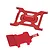 Two red anodized aluminium RC parts from GPM Racing, including a mounting plate with cutouts and a smaller battery hold-down bracket.