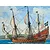 An artistic illustration of the Swedish warship Vasa sailing on the water, featuring detailed rigging, sails, and a red-painted hull with multiple cannons.