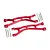Two red anodized aluminium upper suspension arms for RC cars, including mounting pins, screws, and spacers, set against a white background.