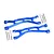 Two blue anodized aluminium RC suspension arms with included metal hinge pins, screws, and washers on a white background.