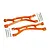 Two orange anodized aluminium RC suspension arms with included metal pins, screws, and washers on a white background.