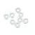 Eight small silver metal washers arranged on a white background.