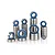 A collection of various sized metal ball bearings with blue rubber seals arranged in stacks on a white background.