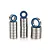 A set of metal ball bearings with blue rubber seals stacked in three columns against a white background.