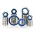 A collection of various sized metal ball bearings with blue rubber seals arranged in stacks on a white background.