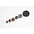A set of five various sized RC transmission gears including metal pinions and a large black plastic spur gear arranged on a white background.