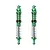 Two green anodized aluminium RC shock absorbers with silver coil springs, standing vertically against a white background.