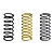 Three RC shock springs standing upright, two black and one gold, against a white background.