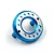 A blue and silver anodized aluminium motor mount for RC cars, featuring a circular design with multiple adjustment holes.