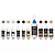 A collection of ten OcCre model paints, varnishes, and wood dyes arranged in a row with color swatches above each bottle against a white background.