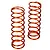 Two orange metal coil springs for RC car shock absorbers standing upright on a white background.