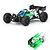 Pro-Line Axis body shell in green and white with black splatter, shown both installed on an RC buggy and as a standalone painted shell.
