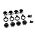 A set of black aluminium RC shock parts including spring retainers, collars, and small screws on a white background.