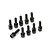 A collection of ten black metal cap head screws with washers arranged on a white background.