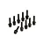 A set of ten black metal cap head screws with washers arranged on a white background.