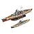 Two assembled plastic model kits of the German battleship Bismarck, one larger and one smaller, displayed on a white background.