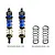 Two GPM Racing blue aluminium adjustable RC shock absorbers with gold springs, plus two additional black replacement springs on a white background.