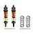 Two GPM Racing orange aluminium adjustable front RC shocks with gold springs, alongside two additional black replacement springs on a white background.