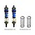 Two GPM Racing blue and black adjustable RC shock absorbers with gold springs installed, plus two spare black springs on a white background.
