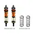 Two GPM Racing orange aluminium adjustable RC shock absorbers with gold springs, plus two additional black springs, on a white background.
