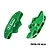 Two green anodized aluminium GPM Racing front brake calipers for RC cars, shown from front and rear angles against a white background.