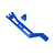 A blue anodized aluminium battery hold-down strap and a separate mounting post for Traxxas RC vehicles, displayed on a white background.