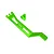 A bright green anodized aluminium battery hold-down strap and a matching mounting post for Traxxas RC vehicles, shown against a white background.