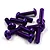 A small pile of purple anodized aluminium button head screws for RC cars on a white background.
