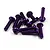 A pile of ten purple anodized aluminium button head screws with hex sockets on a white background.