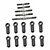 A set of five silver metal turnbuckles and ten black plastic rod ends arranged on a white background.