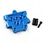 A blue anodized aluminium front lower suspension mount for an RC car, accompanied by two black cylindrical spacers and one black machine screw.