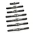 A set of seven silver-coloured metal turnbuckles of varying lengths arranged in a row on a white background.