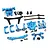 A collection of blue anodized aluminium RC car upgrade parts including suspension arms, steering knuckles, and drive shafts on a white background.