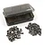 A Yeah Racing titanium screw set featuring a small, translucent grey plastic storage box and two piles of assorted metal hex-head screws on a white background.